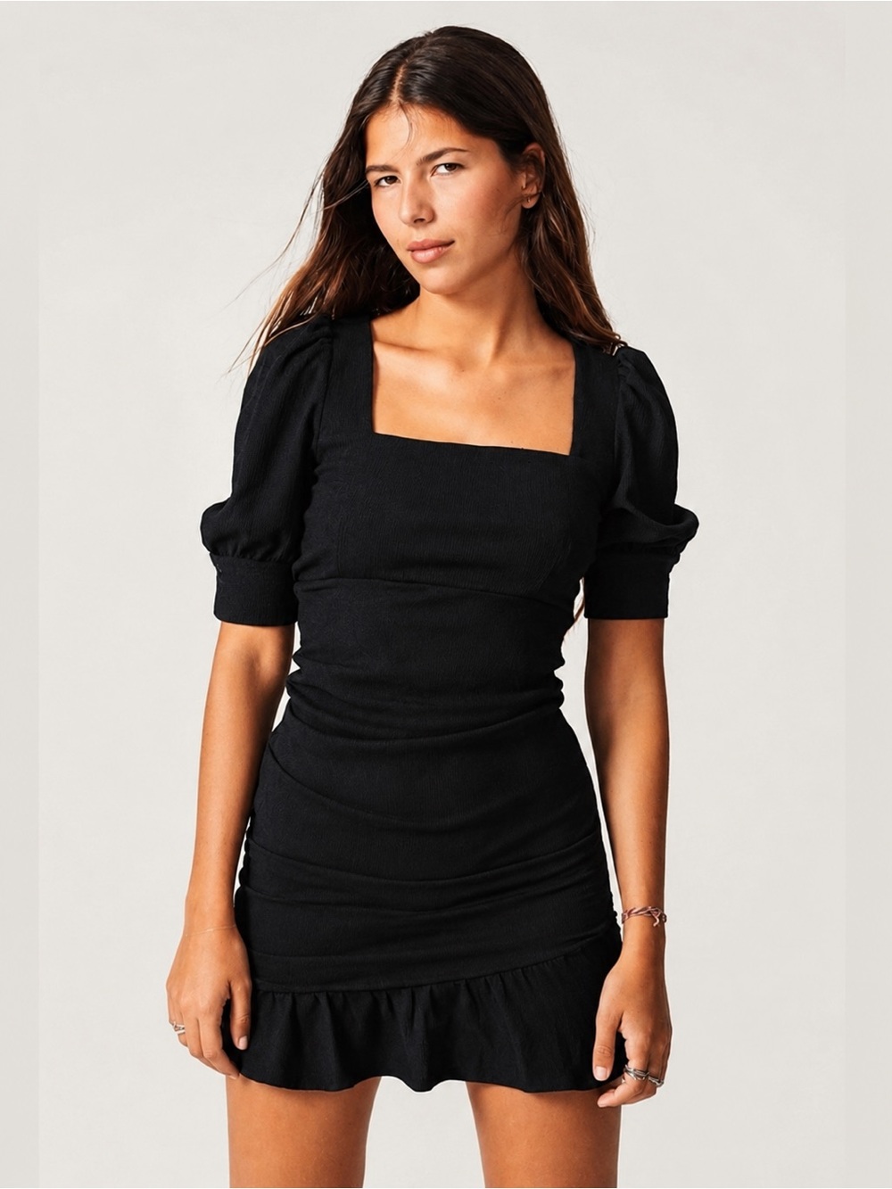 NWT ba&sh Woody Black Ruched Mini Dress Puff Sleeve Square Neck US 6 M